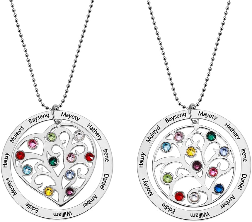Custom Family Tree Mom Necklace 925 Sterling Silver/Stainless Steel Heart Round Personalized 1-11 Name Birthstone Pendant Necklace Tree of Life Grandma Grandmother Mother Day Jewelry Gifts For Women