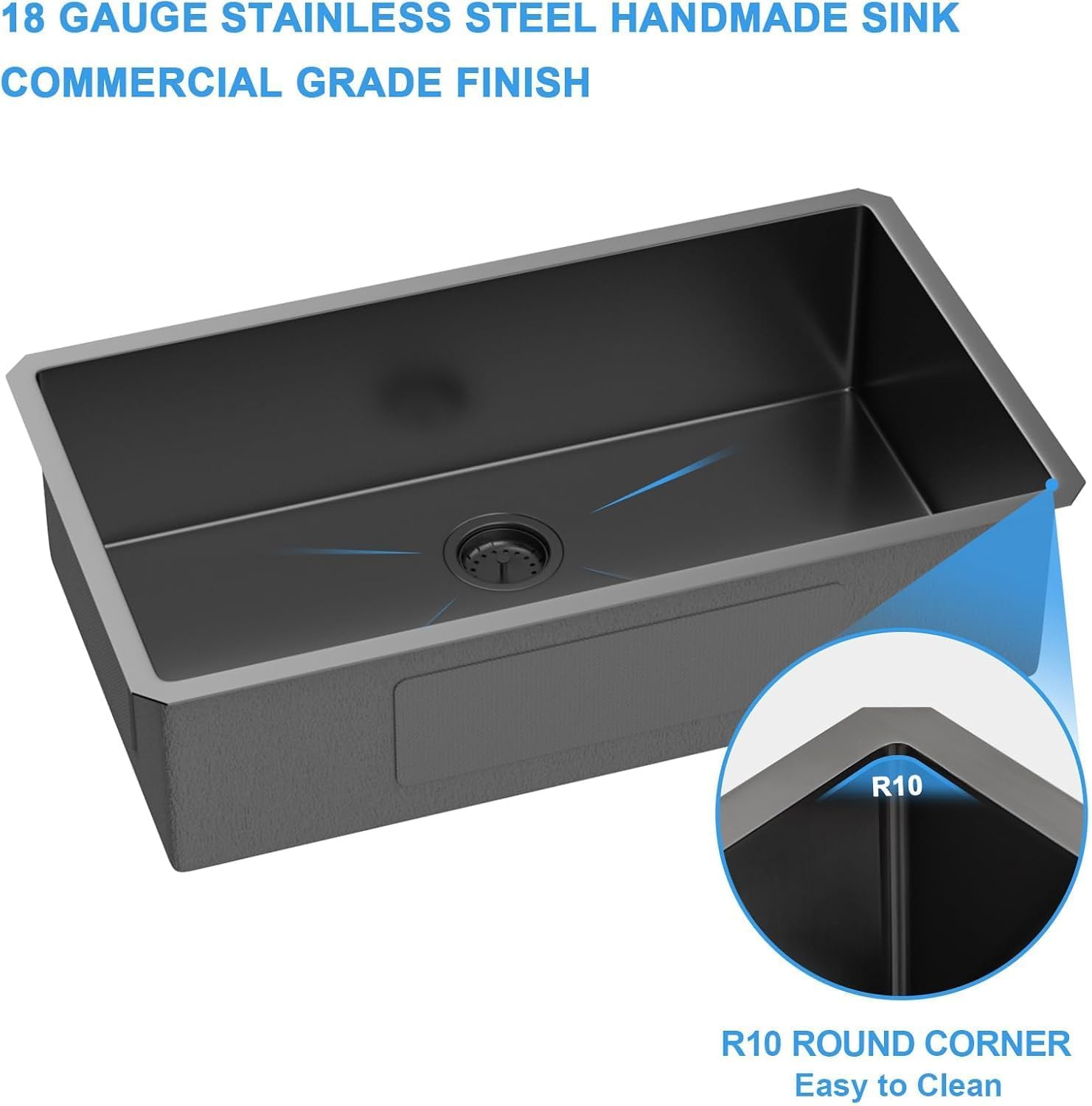 33 Inch Black Undermount Kitchen Sink-33x19 Gunmetal Black Undemrount Sink 18 Gague Stainless Steel Single Bowl Handmade Sinks Large Deep Under Counter Basin 33"x19"x9"