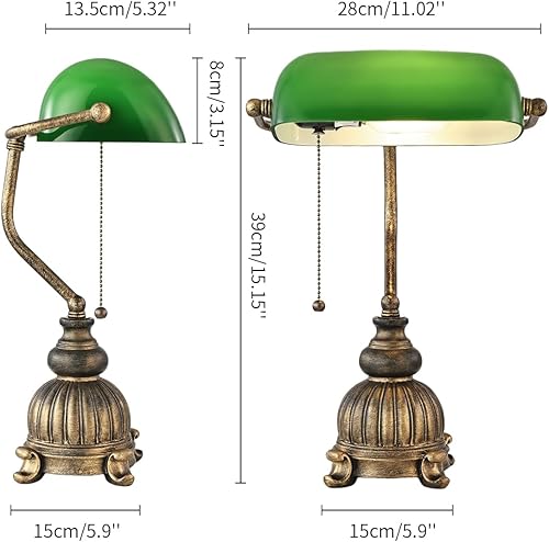 Miniatura 5 de Newrays Lámpara de escritorio retro de cristal verde para oficina en casa, biblioteca con interruptor de cadena de tracción enchufable, bombilla LED