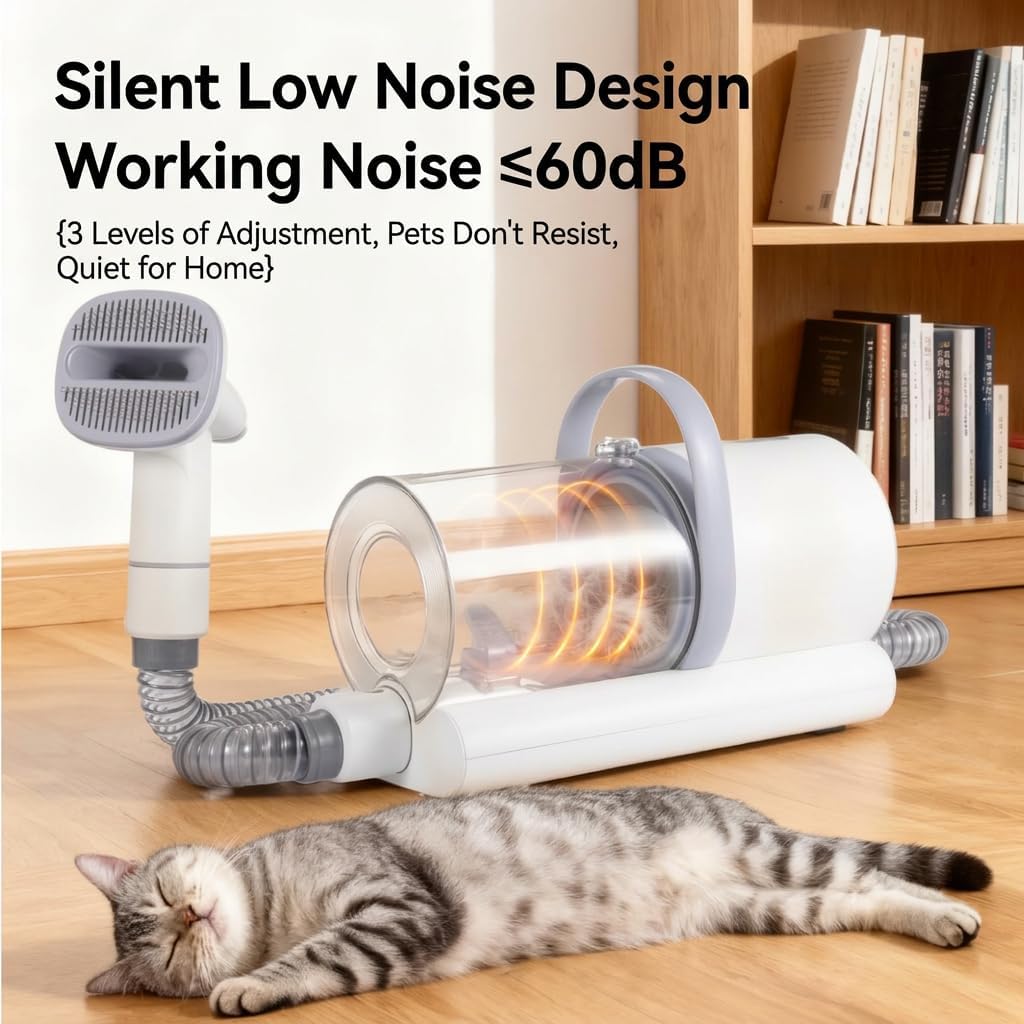 Wireless Pet Grooming Vacuum Kit, 7-in-1 Dog & Cat Hair Shedding Tool with 1.6L Large Dust Cup, Cordless Pet Hair Remover Vacuum with 4000mAh Battery, 4-9kPa Suction, Ultra-Quiet (<60dB), Pet Clippers