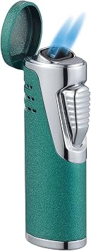 Visol Cradle Butane Torch Double Flame Refillable Gas Lighter, Built in Punch, Fuel Window, and Adjustable Flame Lighter Shipped Without Butane Green