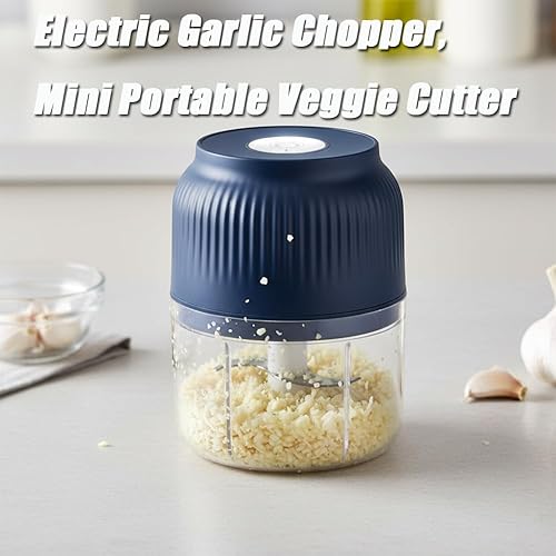 Miniatura 2 de Picadora eléctrica de ajo de capacidad de 10.1 fl oz, mini cortador de verduras portátil, 4 cuchillas afiladas de acero inoxidable, mini picadora