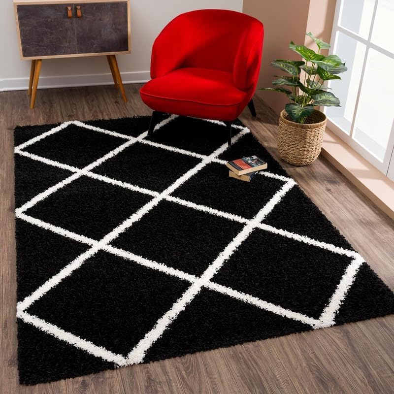 Image of A R Creations Rectangular Cotton Rug 1.5 Inch High Pile Soft Floor Mat Modern Handwoven Carpet for Living Room Bedroom & Home Decoration Size 3X5 Feet Black Box