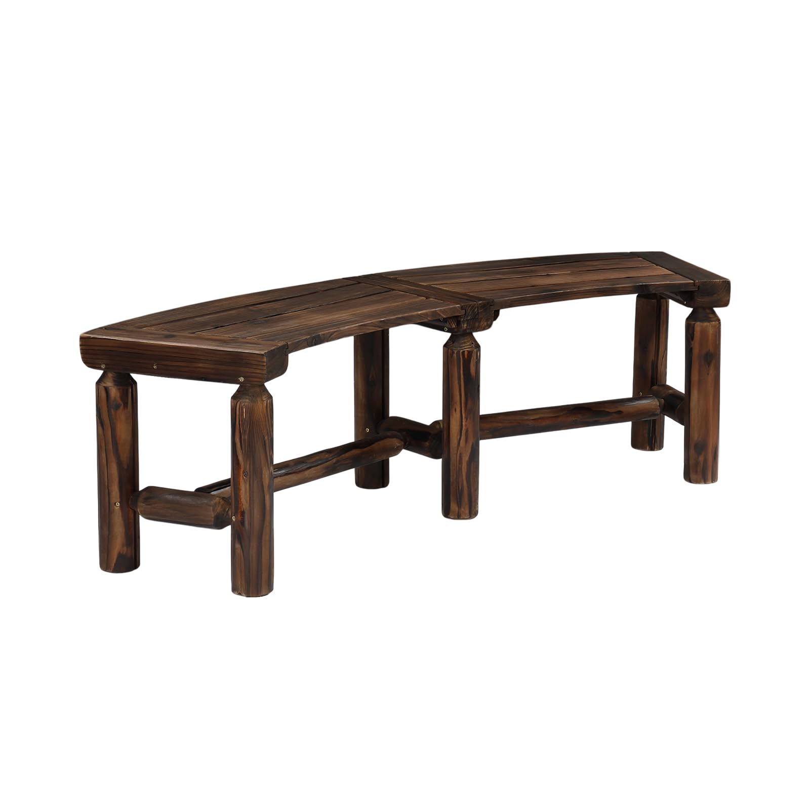 VINGLI Outdoor Bench Wooden Curved Bench, Fire Pit Backless Bench All-Weather Patio Garden Bench, 2-Person Seating Rustic Slatted Bench for Backyard Porch Deck Entryway (Carbonized)