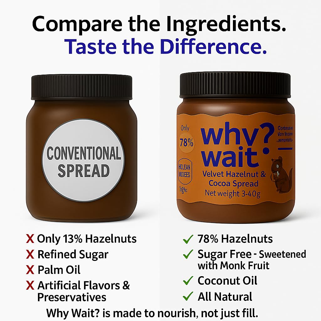 Why Wait? Velvet Hazelnut & Cocoa Spread – 78% Hazelnuts • Monk Fruit Sweetened • Sugar Free • Keto & Low Carb Chocolate Spread • No Palm Oil • Healthy Gourmet Hazelnut Butter – 12oz Jar