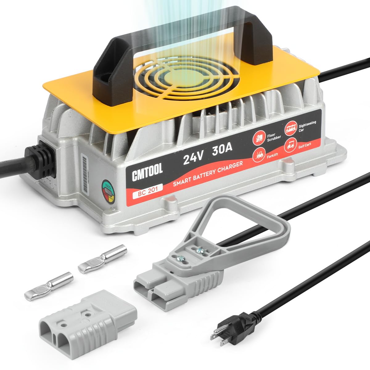 CMTOOL 24V 30A Forklift Battery Charger, 1250W Smart 7-Stage Trickle Charger, IP67 Waterproof, Fully Automatic for Lead-Acid Batteries (Pallet Jack/Floor Scrubber/Golf Cart)