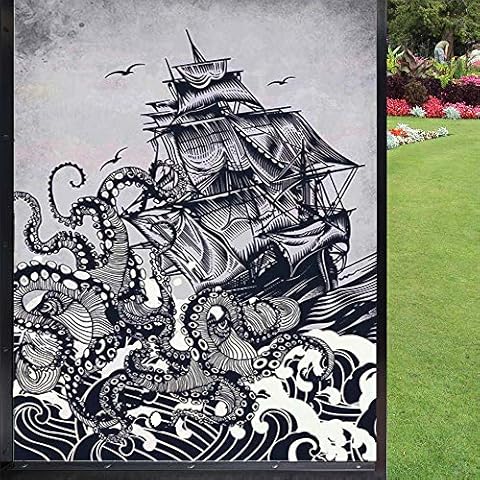 Nautical Window Film Privacy Window,Kraken Octopus Tentacles Ship Sail Old Boat in Ocean Waves Room Darkening Window Privacy Film Removable,Indigo Purpleblue 24" x 36" Cover