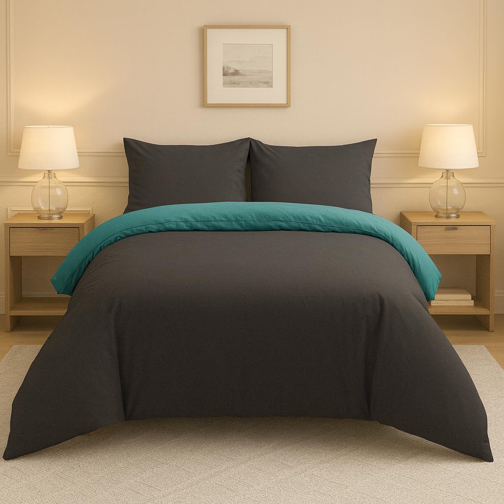 Lions Black/Teal Reversible Plain Dyed Kingsize Duvet Covers, Microfibre Quilt Cover With Pillow Case, Microfibre, Machine Washable, Cool Iron