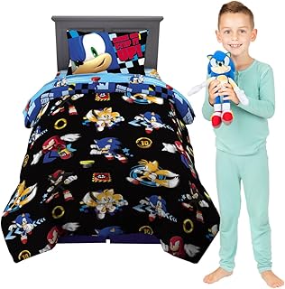 Franco Sonic The Hedgehog Anime Kids Bedding Twin/Full Comforter with Twin Sheet Set and Cuddle Pillow, 5 Piece Bedroom Set (Official Sega Licensed Product)