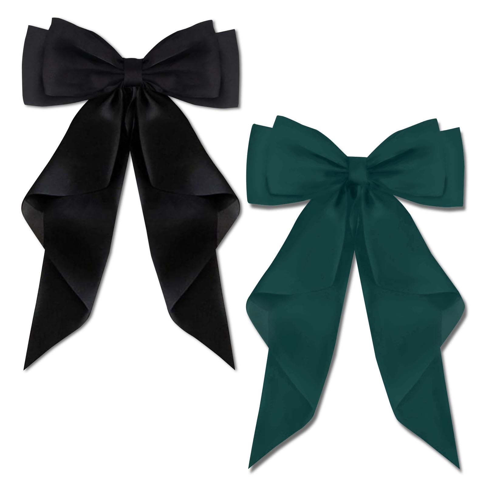 AYNKH 2 PCS Big Bow Hair Clips with Long Silky Satin, Solid Color French Barrette Simple Hair Fastener Accessories for Women Girls