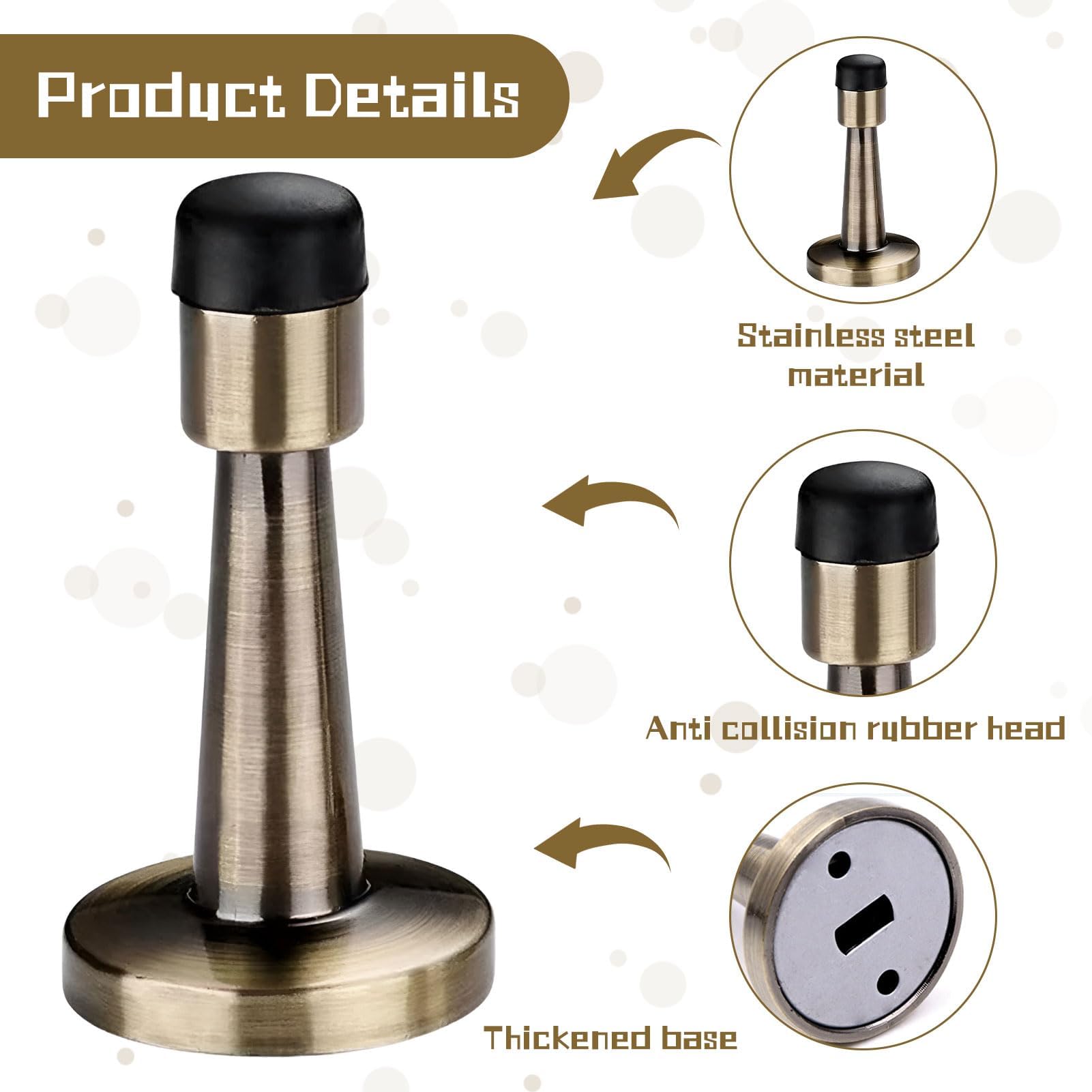 2PCS Brass Door Stopper,Wall Mounted Door Stopper with Rubber Bumper Tip,Antique Brass Door Dtop for Indoor Outdoor Hotel Office Home,Contains Matching Screws - Image 3