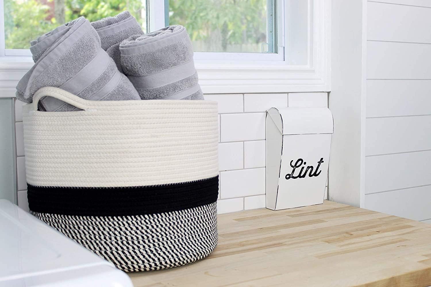 AuldHome Farmhouse Enamelware Lint Holder Bin; Distressed White Laundry Room Decor
