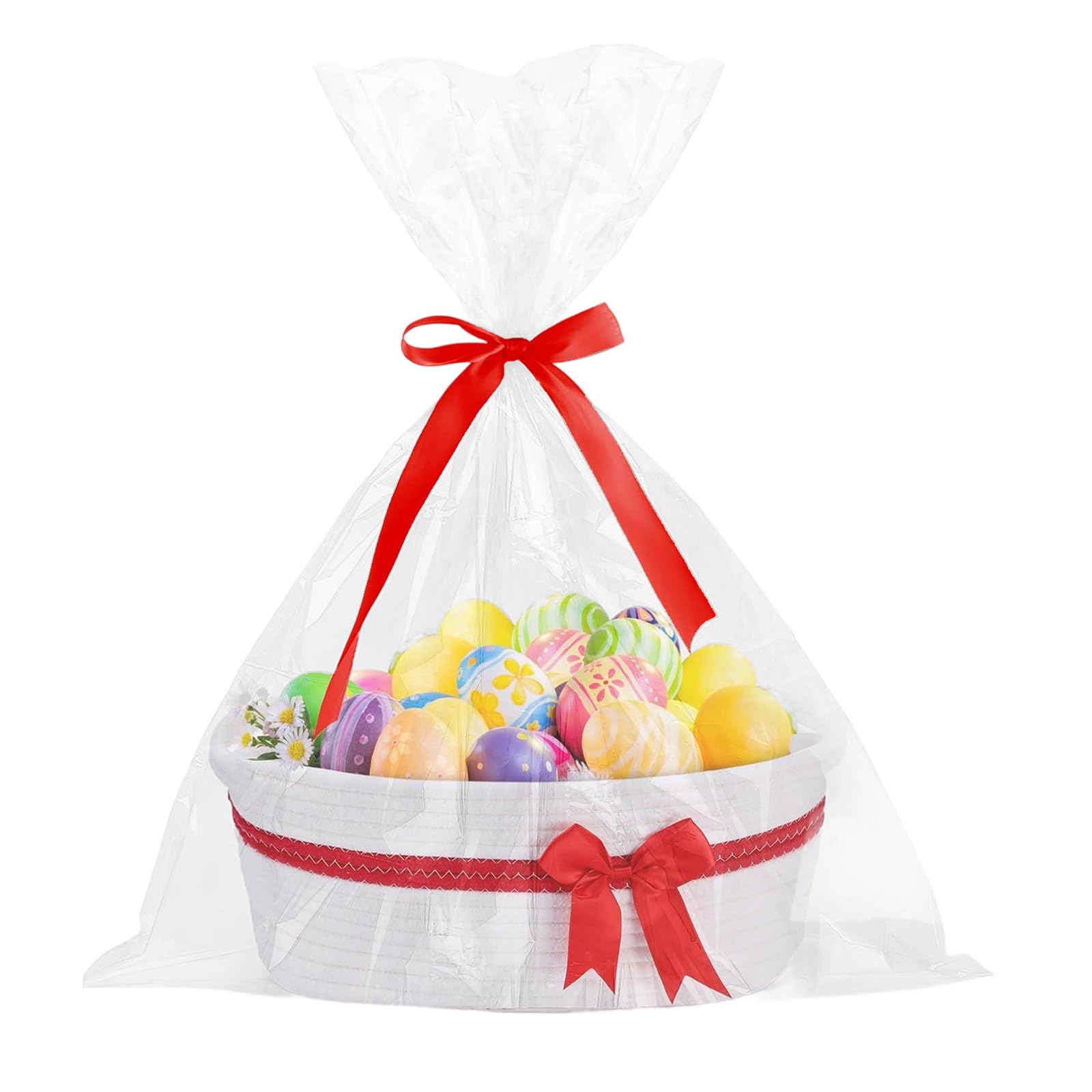 Gift Basket Empty,Woven Basket with Gift Bags and Ribbons,Nursery Organisers Cat Dog Toy Storage Basket for Baby Shower Birthday Wedding Christmas,30x20x12.5cm (Red-White)