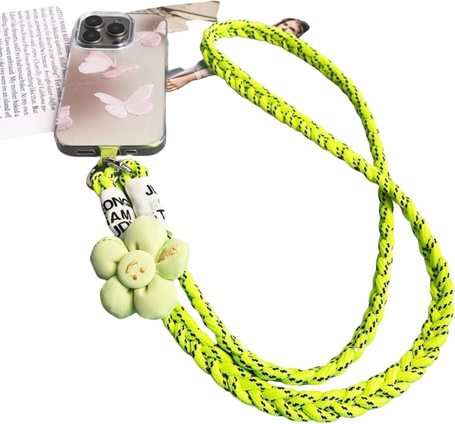 Adjustable crossbody phone strap with sunflower decoration, 2-in-1 metal spring buckle+braided hair clip, nylon strap suitable for women, phone wristband for phone case/key