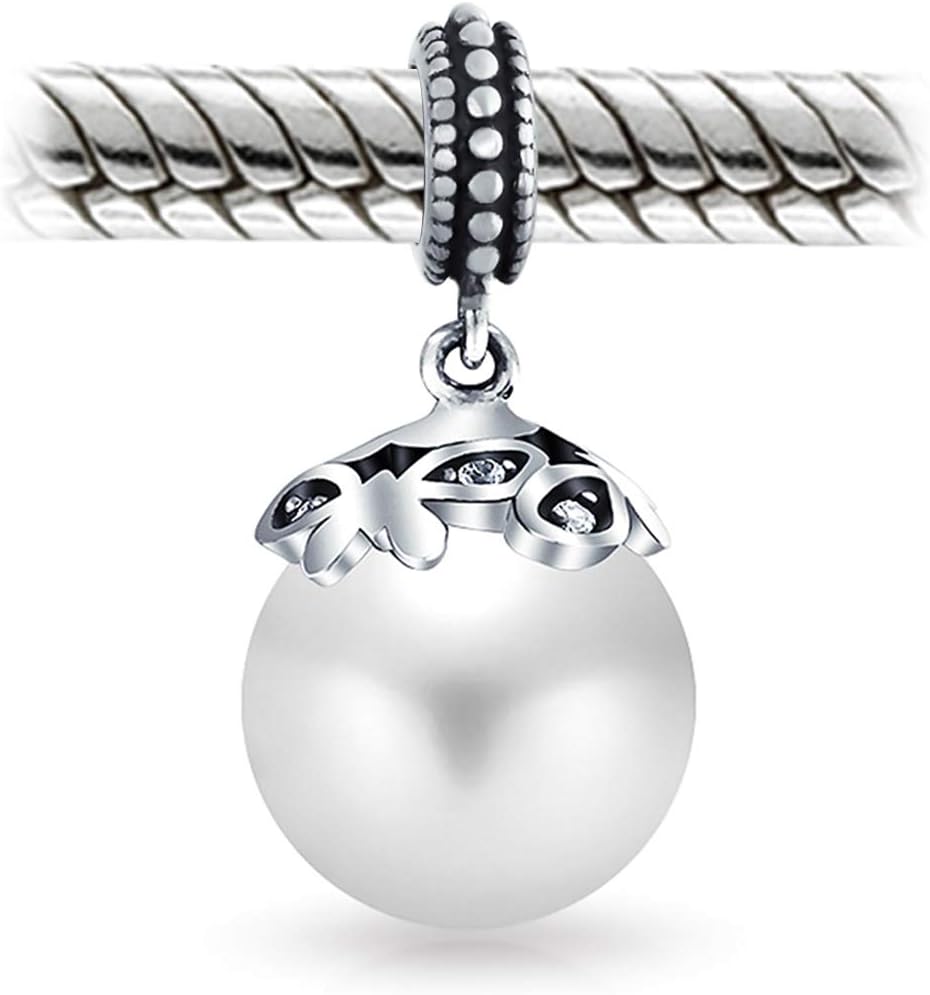 Bling Jewelry Bali Style Filigree Cap White Simulated Pearl Heart Dangle Charm Bead For Women Teen Oxidized .925 Sterling Silver Fits European Bracelet June Birthstone