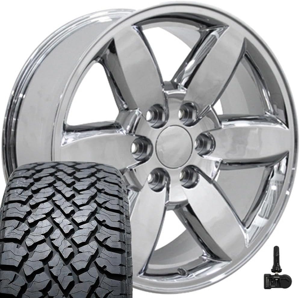 OE Wheels CV94 20 Inch Rims and Tires Fit Silverado 1500 Style 6x139.7 20x8.5 Chrome - Hollander 5420 - TS-37 AT 275/55-20 (Set of 4)