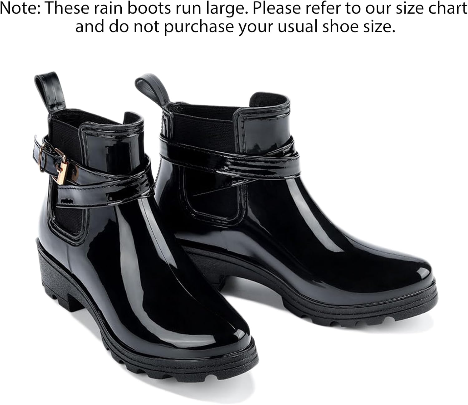 Women's PVC Platform Lug Sole Ankle Rain Boots with Buckle Comfort Pull on Elastic Band Chunky Heel Anti-slip Waterproof Chelsea Short Garden Work Boots