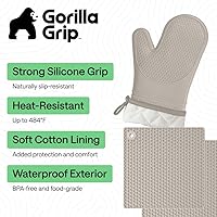 Vista 2 de GORILLA GRIP Juego de 4 manoplas de horno de silicona suave sin BPA y soportes para ollas, resistentes al calor, forro de algodón grueso, agarre