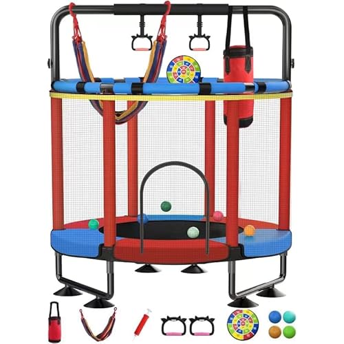 Trampoline for Kids, Upgrade Full Anti-Rust 440lbs Indoor Outdoor Toddler Trampoline with Net, 55" Adjustable Baby Toddler Trampolines Accessories with 8 Toys Dart Board (Blue Red Red, 55in)