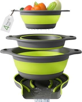 Gevoli 3-Pack Collapsible Colanders, Self-Draining Base, Over-Sink Edge Strainers, Small/Med/Large Sizes, Nesting Storage 3Qt, 4Qt, 5Qt Set Green/Gray