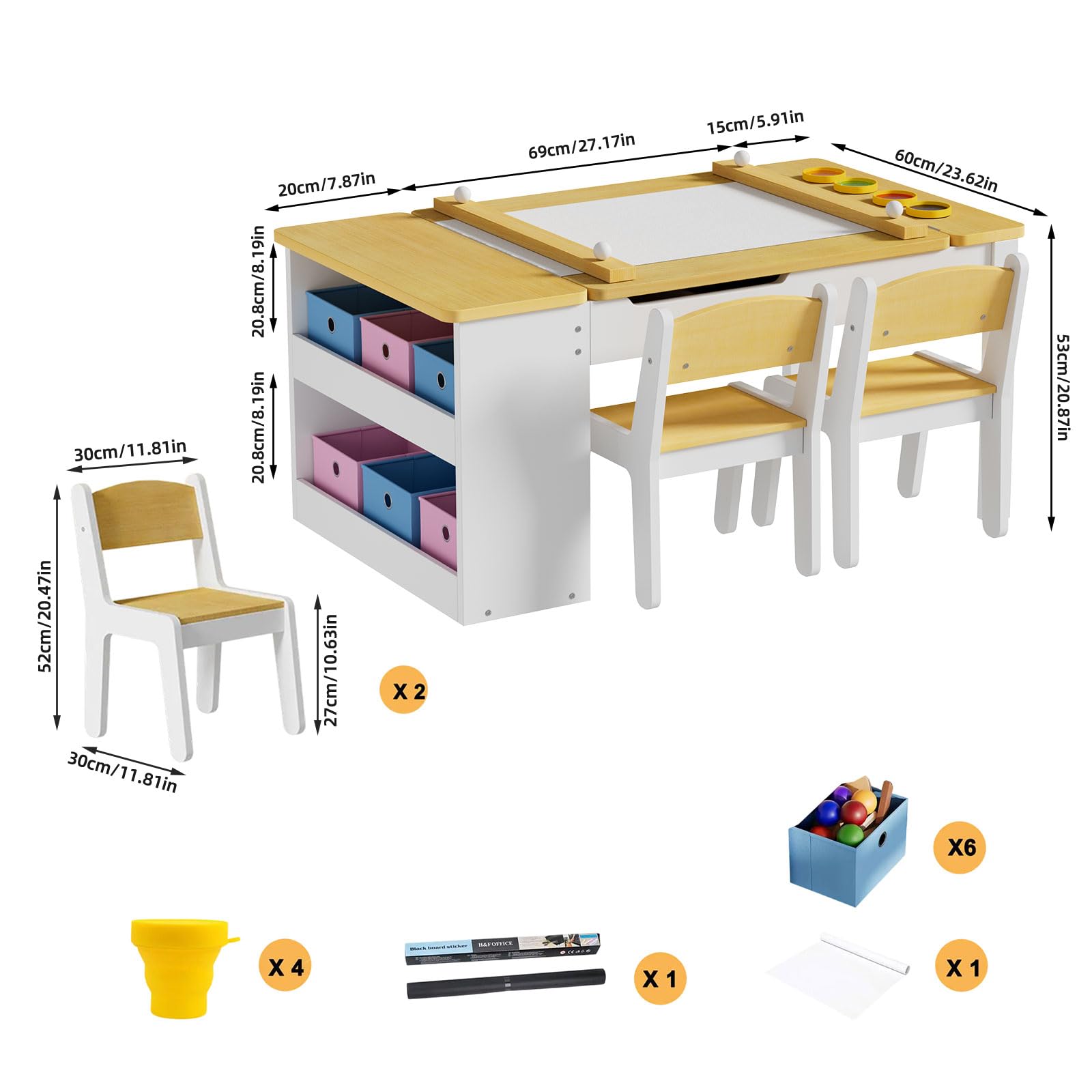 Table Enfant avec 2 Chaises en Bois, Plateau Inclinable, Coloriage, 110x62x53.4 cm