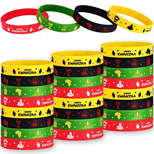 FSHANEE 24Pcs Happy Kwanzaa Rubber Bracelets African Heritage Holiday Party Supplies Silicone Wristbands Happy Kwanzaa Party Favors Kwanzaa Party Gift Bag Goodie Bag Fillers Stuffers