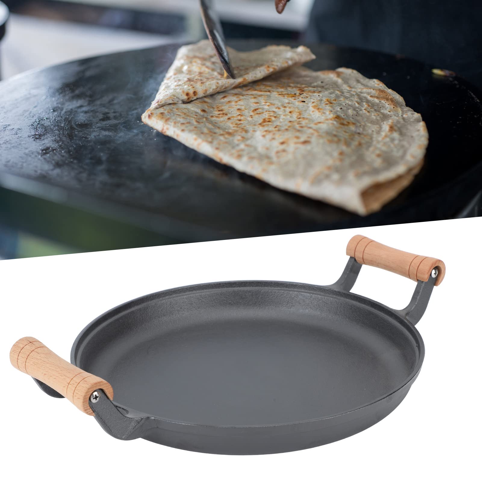 Patelnia Grillowa, Patelnia Do Grillowania Z Podwójnymi Drewnianymi Uchwytami Okrągła żeliwna Patelnia Do Smażenia Steków Do Smażenia Mięsa, żeliwna Patelnia Saute Do Spotkań Przy Grillu(33cm)