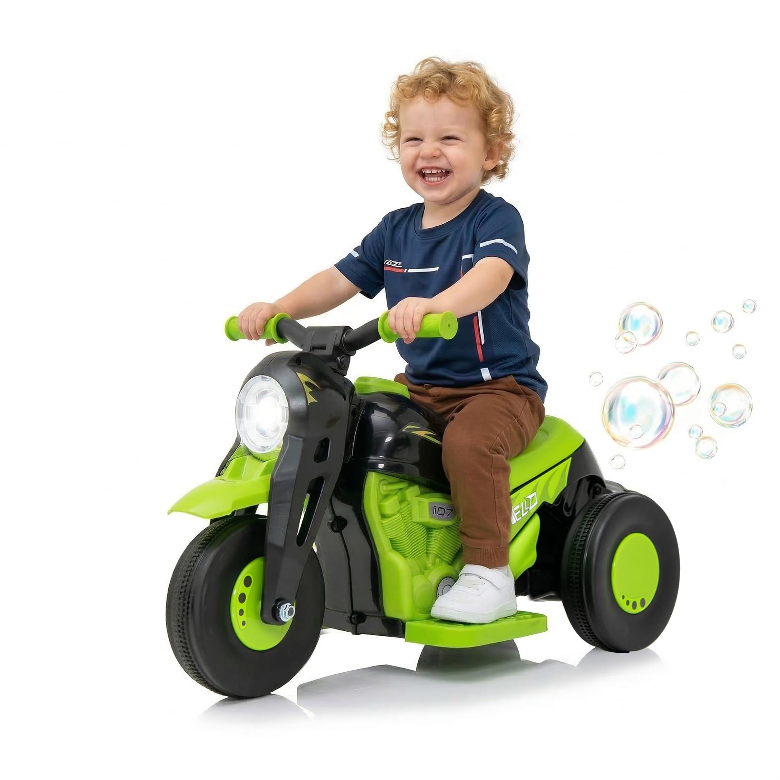 Kids Electric Motorbike, 6V Ride On Motorcycle with Automatic Bubble Function Headlight Music Foot Pedal, 3 Anti-Skip Wheels Vehicle for Children Toddler Ages 3+ (Green) โ image 1