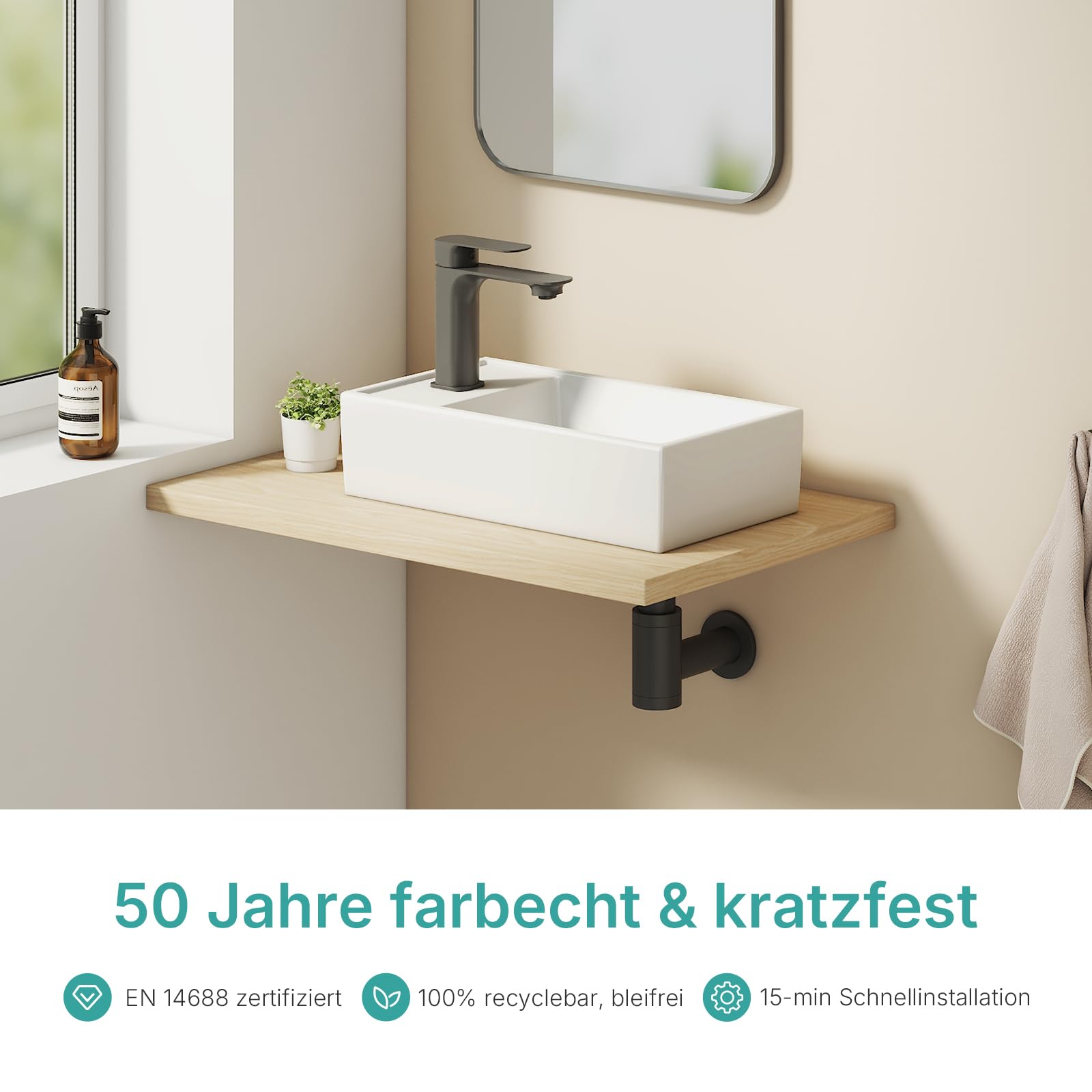EMKE Piccolo lavandino rettangolare 41,0 x 22,0 x 10,0 cm, in ceramica, con foro per rubinetto, senza troppopieno, piccolo da appoggiare e da parete, ideale per bagno e WC degli ospiti, bianco