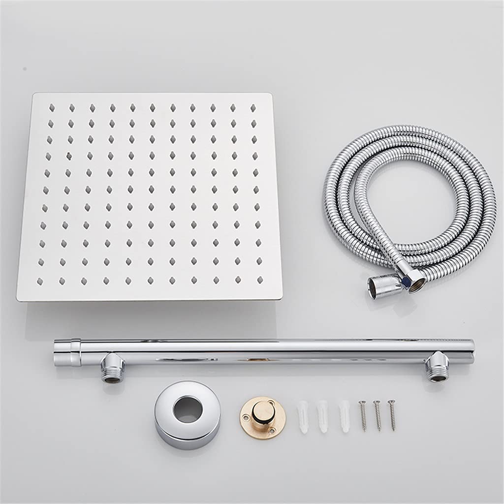 Cabezal de Ducha Cuadrado Tipo Lluvia, Cabezal de Ducha de latón de 8", Brazo de Ducha de 15", Soporte de Pared para Manguera de Acero Inoxidable de 59" (Onecolor Chrome 12)