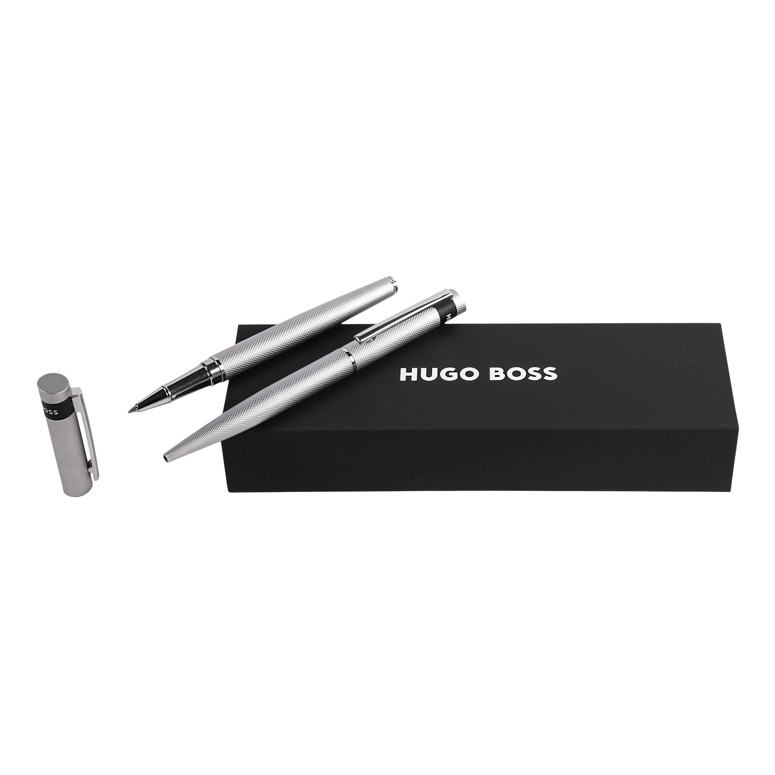 Hugo Boss Schreib-Set Loop Diamond Chrome Kugelschreiber & Tintenroller aus Messing hergestellt, Farbe: Pastellgrau/Silber, Abmessungen: 200 x 62 x 34 mm, HPBR367B