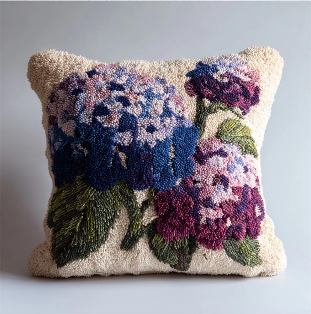 kitphoenix Latch Hook Cushion Kits Hydrangea Latch Hook Pillow Case Kits Embroidery Kits 17X17Inch DIY Needlework Pillow Cover Sofa Cushion Rug Making Kits, DIY Craft Kits 17X17Inch