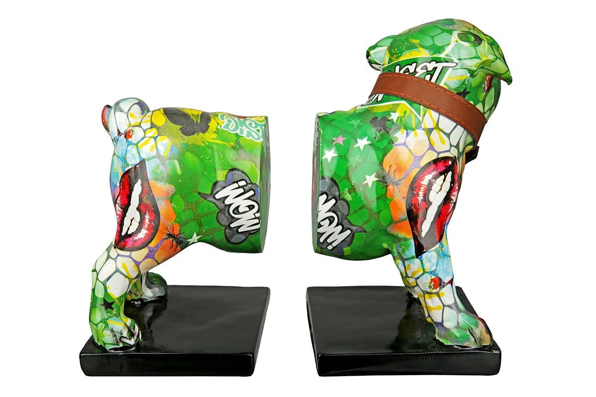 Casablanca Deko 1 Paar Buchstützen - Tierfigur Mops Hundefigur mit Halsband Glocke - Street Art Graffiti Schriftzug Wow - Dekoration Wohnzimmer - Gesamtlänge 22,5 cm