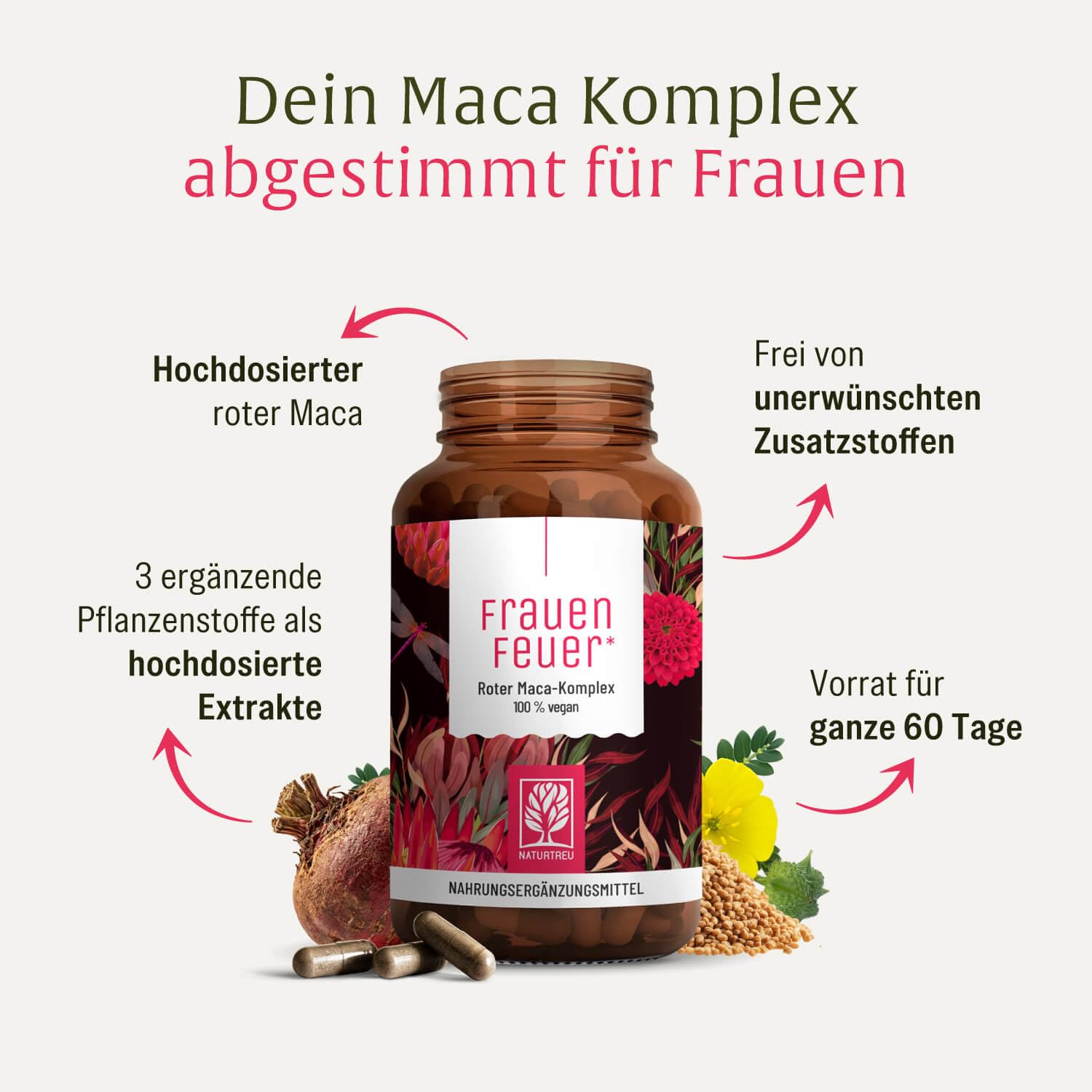 Maca Extrakt Rot 10:1 hochdosiert - Maca Komplex mit Salbei, Tribulus, Bockshornklee, Vitamin B6 & Zink für Frauen - 240 Kapseln - vegan