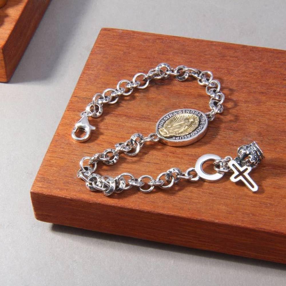 Bracciale S925 in Argento Sterling con Croce Iris e Corona Mary, Bracciale per Uomo e Donna, Gioielli Personalizzati con Carta di Moda