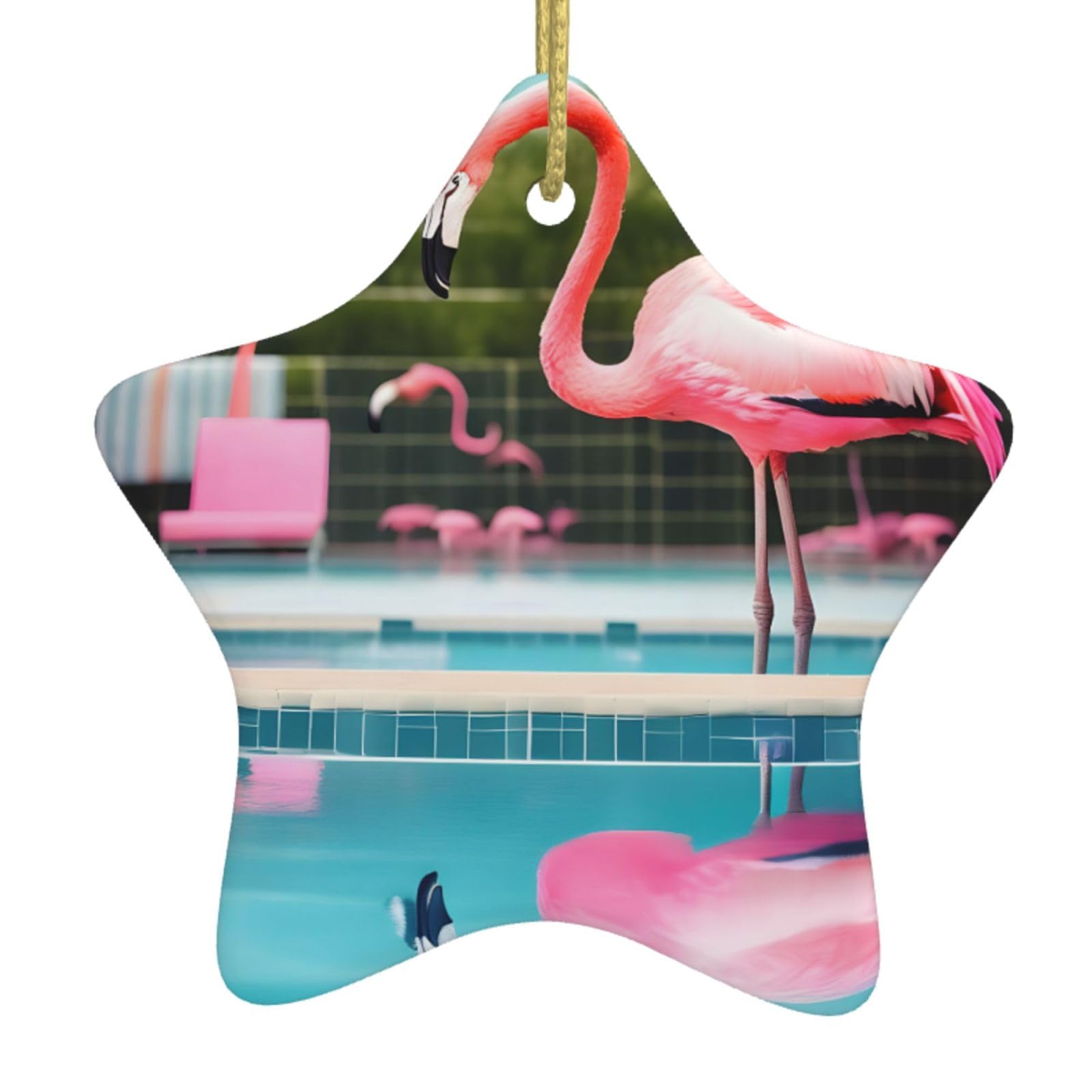 Nbtghga White Flamingo And Swimming Pools Print Christmas Ornaments, Ceramic Hanging Ornament, Round Shape Decorations