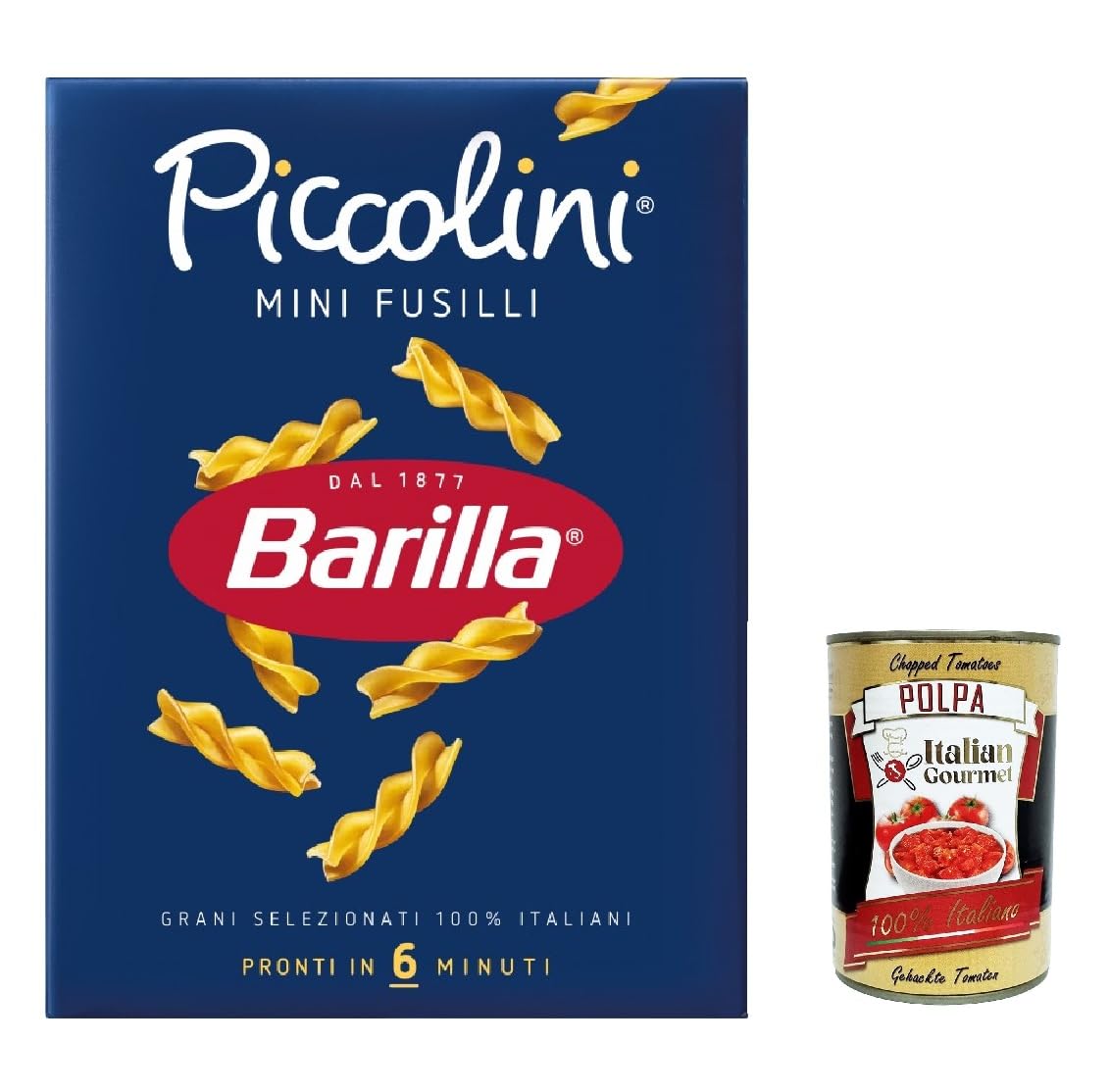 20 pastas Barilla Mini Fusilli, 100% italiana, 500 g + Polpa italiana Gourmet 400 g