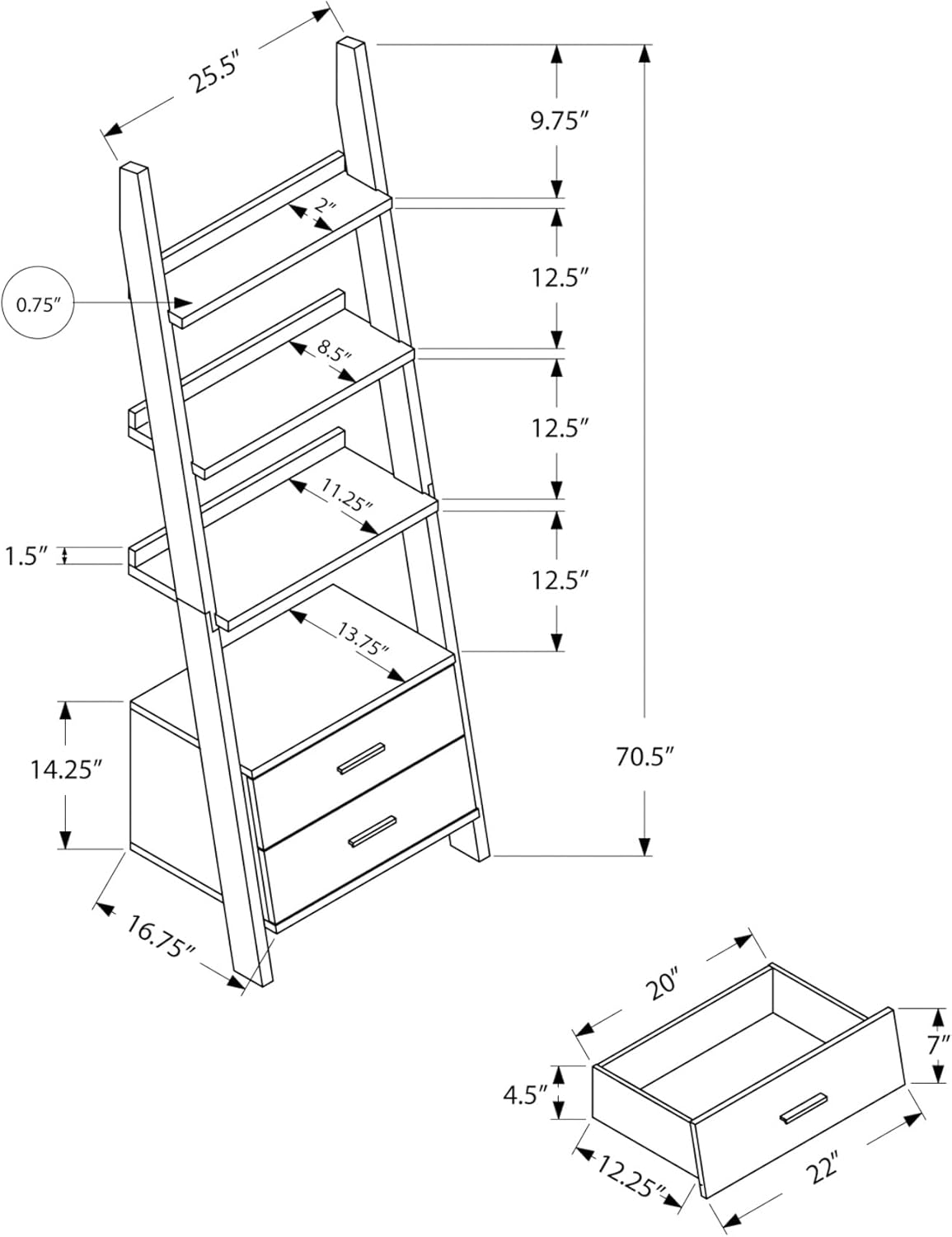 4-Tier Ladder Shelf with 2 Drawers and 3 Shleves,Display Standing Bookcase with Metal Bar Handles,Distressed Grey and White Corner Bookshelf with Storage for Living Room,Entryway,Office