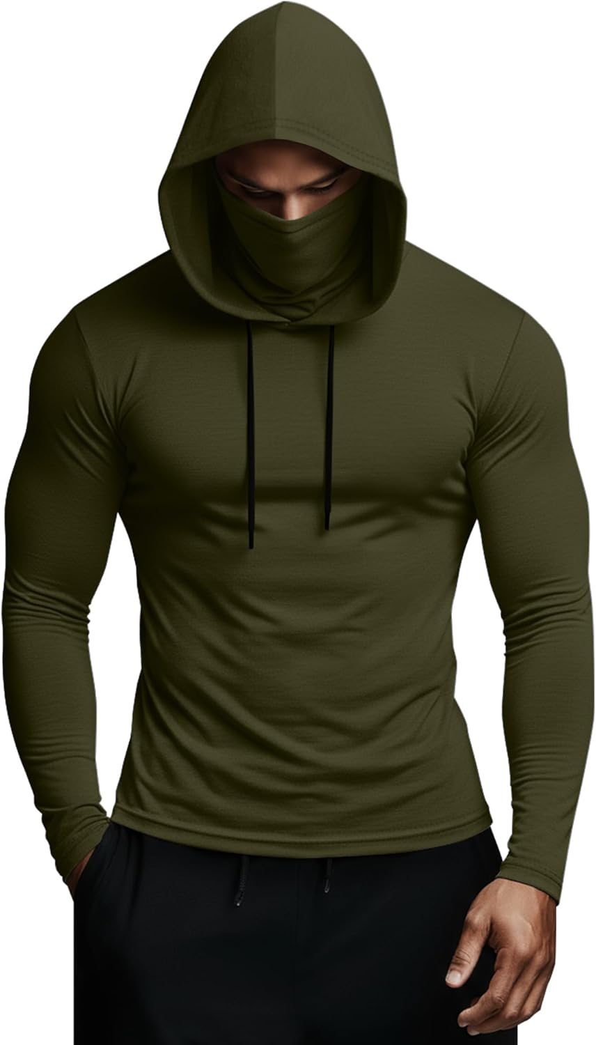 Men's Compression Hoddie with Face Mask Sweatshirt Long Sleeve Thermal Base Layer Top Active Running Pullover