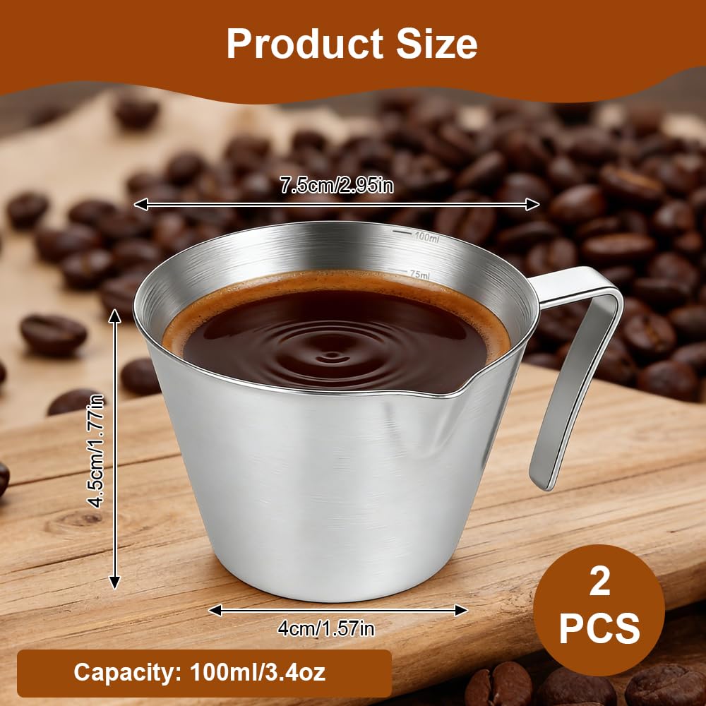 2-częściowy kubek z miarką do espresso z uchwytem, 100 ml kubek z miarką do espresso ze stali nierdzewnej, z ustami w kształcie litery V i skalą, akcesoria do kawy, do kawy, mleka, śmietany