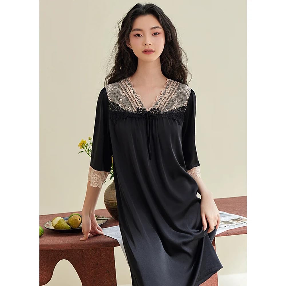 Camicia da Notte Donna - Camicie da Notte Lunghe Indumenti da Notte in Pizzo con Scollo A V Abito Estivo in Raso di Seta Femminile Camicia da Principessa A Mezza Manica Vestaglie da Donna