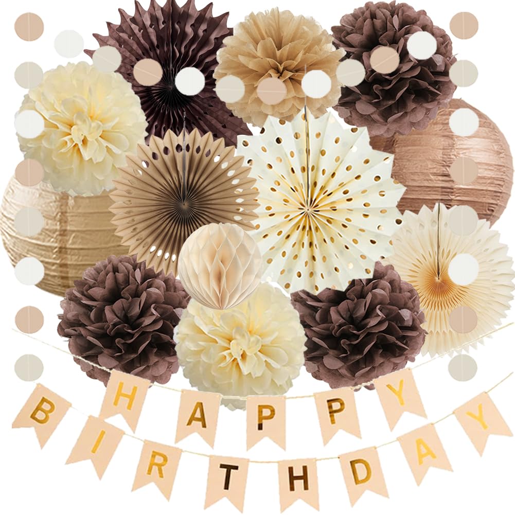 Rustic Brown Birthday Decorations Women Men Champagne Gold Boho Vintage Brown Birthday Party Decorations Girl Boy Neutral Beige Paper Fan Honeycomb Lanterns Cream Poms Kit with Retro Banner Beige Gold
