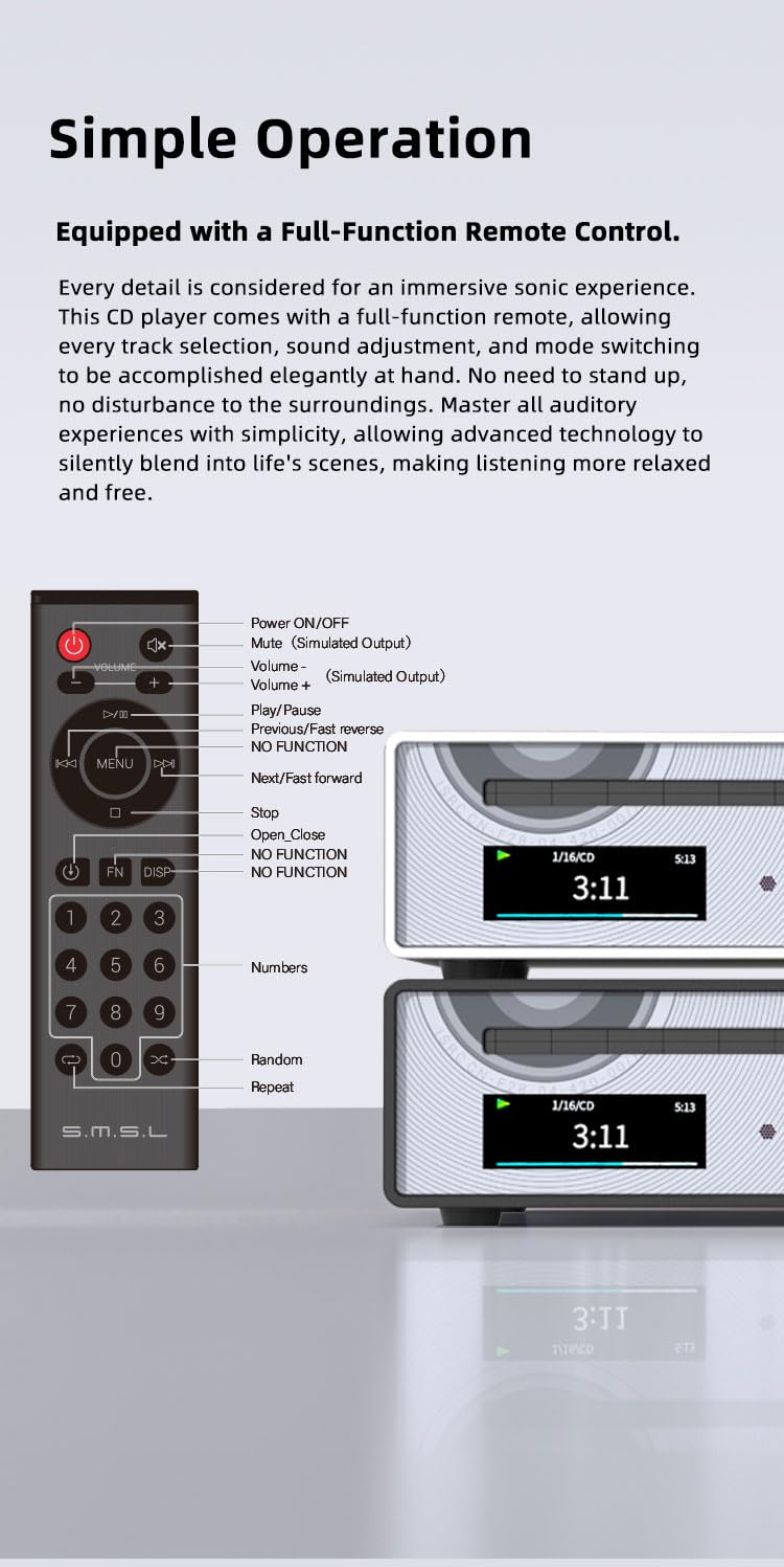 SMSL PL100 PRO wielofunkcyjny odtwarzacz CD, 2 x wysokiej klasy chipy DAC CS43131, obsługuje bezstratne odtwarzanie MQA z pilotem zdalnego sterowania (czarny)