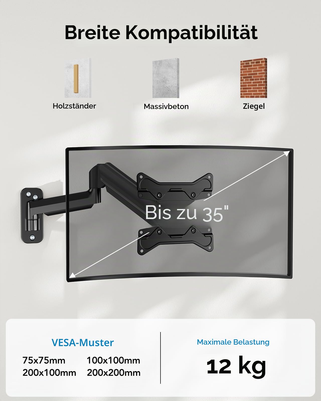 HUANUO Monitor Wandhalterung für 17-35 Zoll LED/LCD/TV Bildschirm, Monitor Halterung Wand mit VESA-Erweiterungssatz, Monitor Arm Wall Mount mit 360° Drehbar Gasdruckfeder Arm, VESA 75/100/200mmGaming
