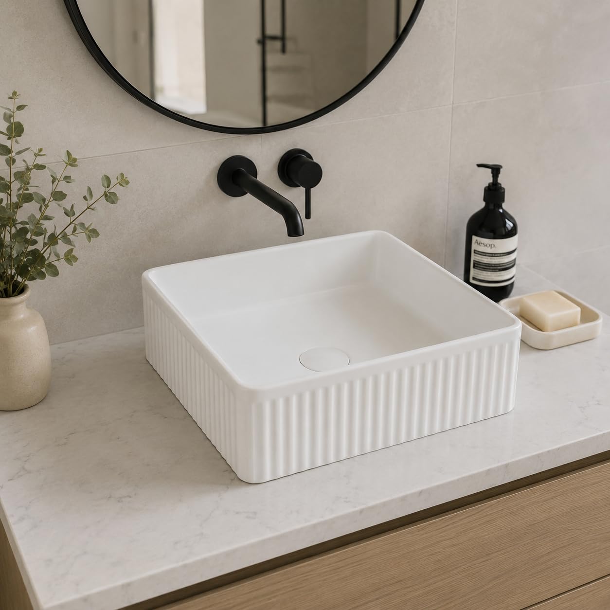 Modern White Ceramic Fluted Countertop Vanity Bathroom Basin Sink (Gloss White, Square (375x375) mm)