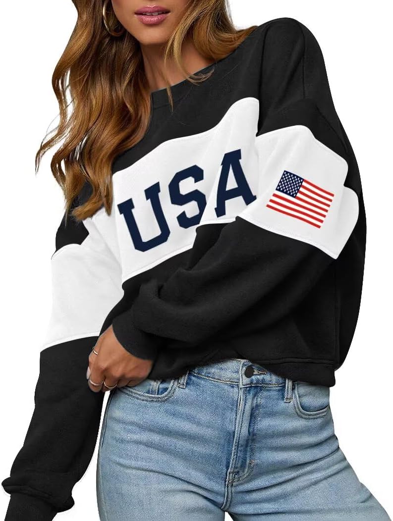 LEEDYA Women Oversized USA Sweatshirt Crewneck American Flag Sweater Long Sleeve 4th of july T shirts Loose Fit Pullover Top