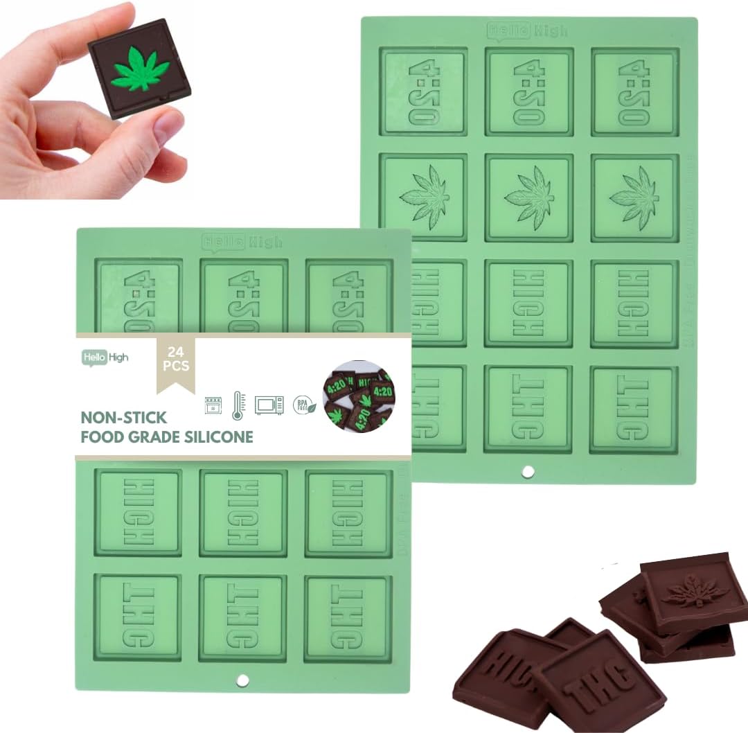 Hello High - Cannabis Silicone Gummy Molds - 420 Marijuana Themed Silicone Chocolate and Candy Mold Baking Gift - 2 pack with 24 Cavities - 4 designs - BPA Free