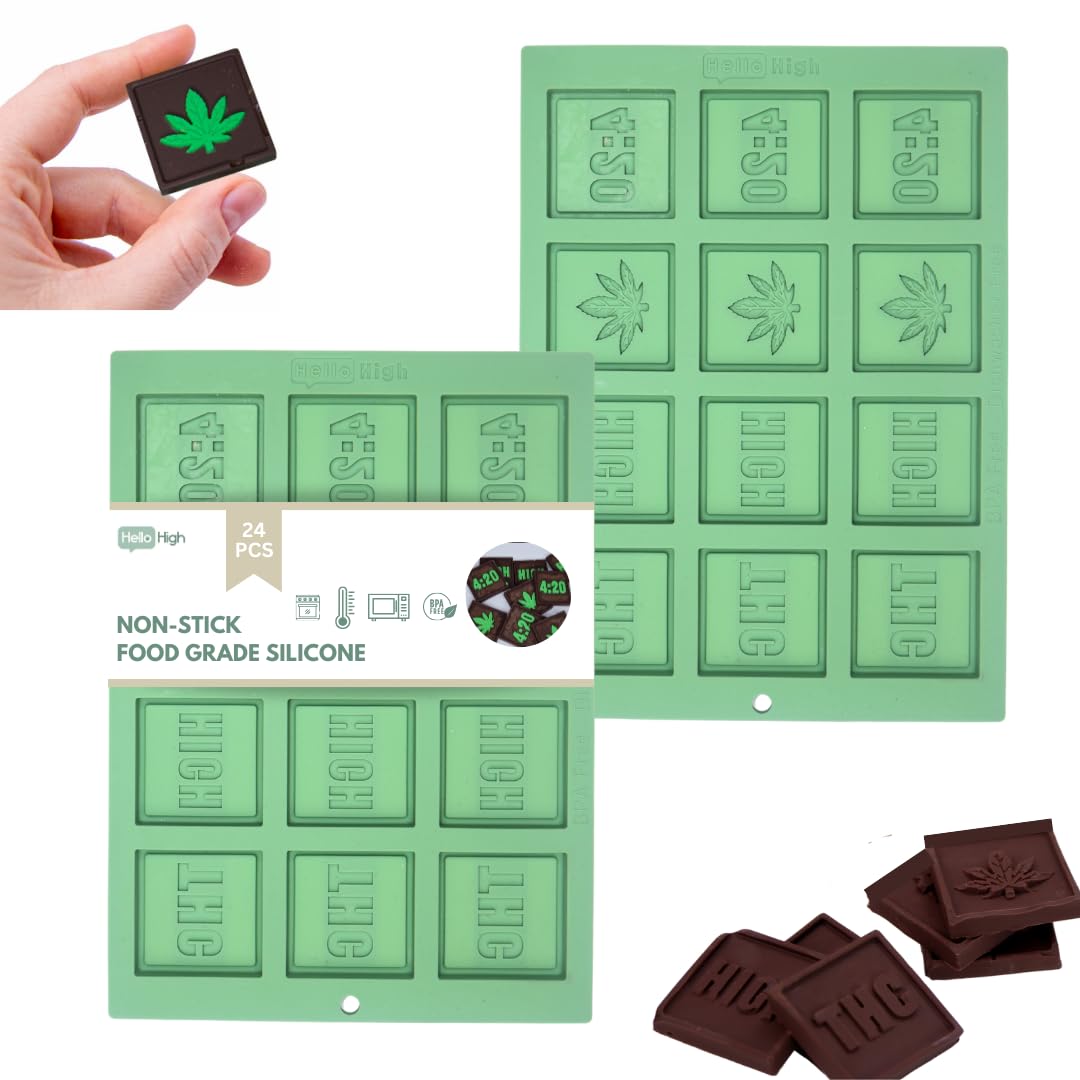 Hello High - Cannabis Silicone Gummy Molds - 420 Marijuana Themed Silicone Chocolate and Candy Mold Baking Gift - 2 pack with 24 Cavities - 4 designs - BPA Free