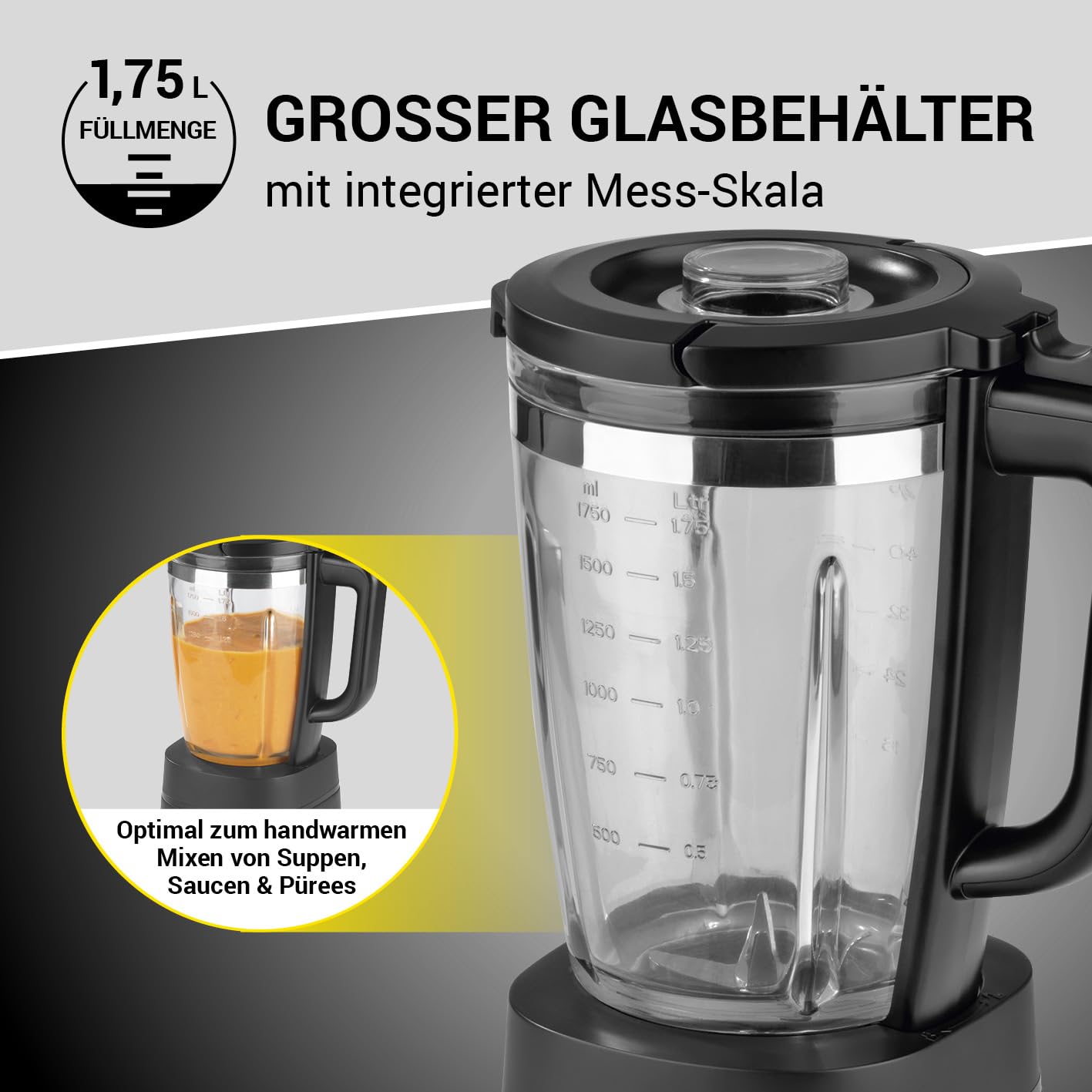 Mikser stojący w edycji Midnight | 3 programy: Smoothie, Ice Crush, Auto Clean | 6-krotne ostrza ze stali nierdzewnej | szklany pojemnik 1750 ml z pokrywką | 1200 W | 22 000 obr./min
