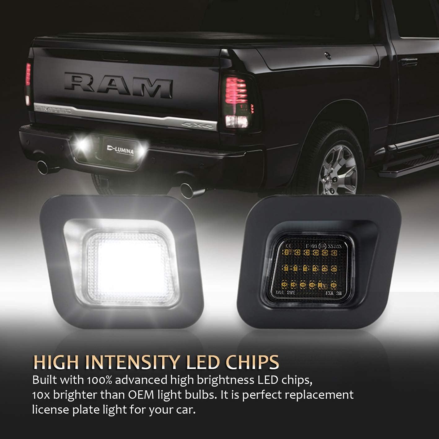 D-Lumina LED License Plate Lights Assembly Smoke Lens Compatible with 2003-2018 Dodge Ram 1500 2500 3500 Pickup Truck, 6000K Diamond White 2-Pieces